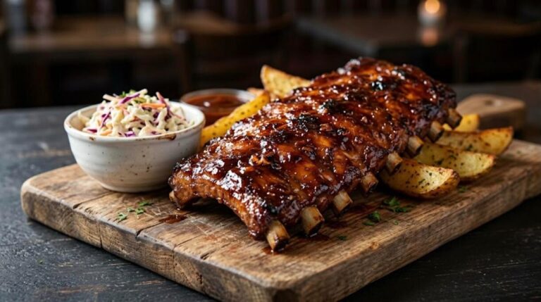 BBQ dinners: sticky oven baked baby back ribs with coleslaw and potato wedges