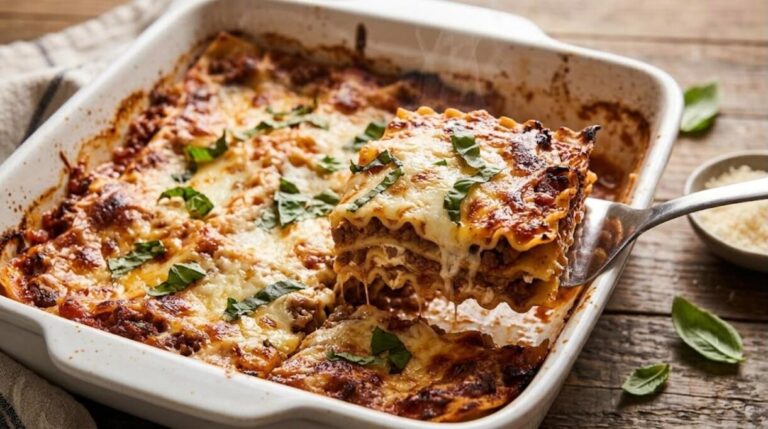 Lasagna dinners: a homemade beef lasagna with a square lifted from the dish
