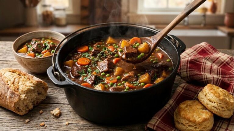 Old fashioned beef stew in a cast iron pot, one of the best hearty stews