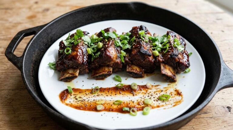 Braised dinners glazed beef short ribs on a white plate in a cast iron skillet