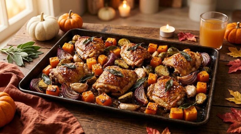 Sheet pan chicken with roasted butternut squash, Brussels sprouts and sage