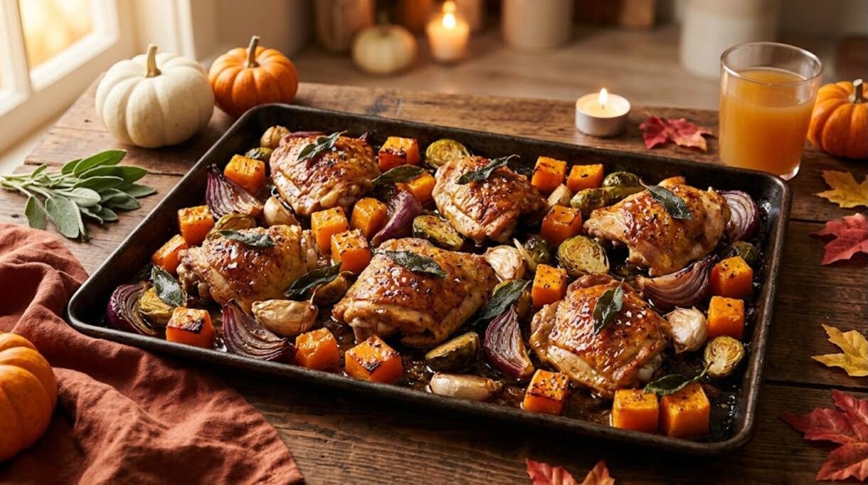 Sheet pan chicken with butternut squash, one of the easiest pumpkin dinners for fall