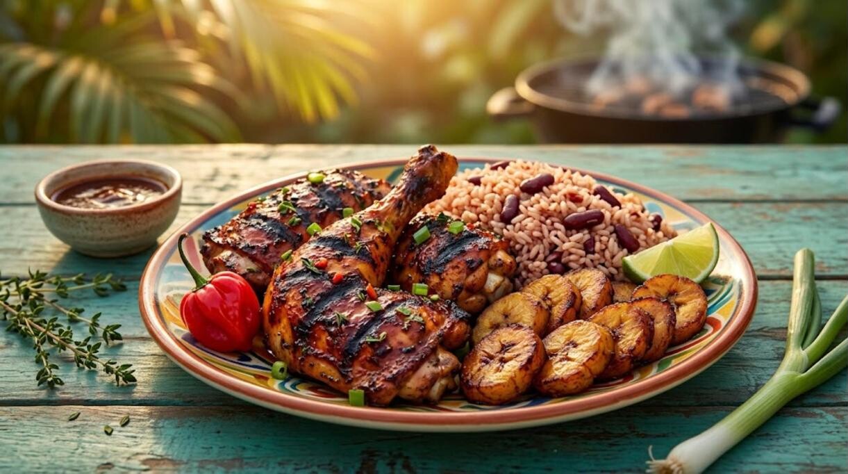 Caribbean dinners: smoky Jamaican jerk chicken with rice and peas