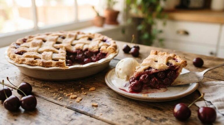 Cherry desserts: a golden lattice cherry pie with a slice and vanilla ice cream