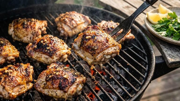 Chicken thigh dinners: crispy garlic herb chicken thighs on a charcoal grill