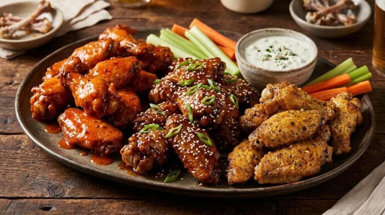 Chicken wings for dinner: buffalo, honey garlic and lemon pepper wings on a platter