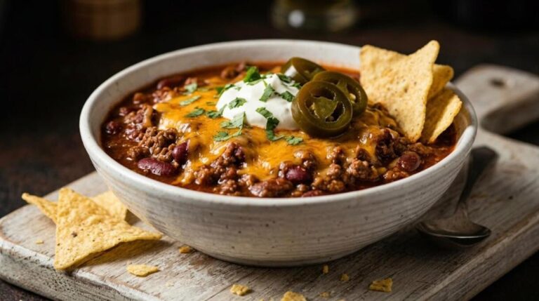 Chili recipes: bowl of beef and bean chili topped with melted cheddar, sour cream and jalapenos