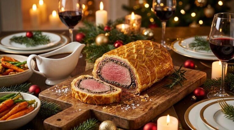 Golden beef Wellington sliced on a festive table, a showstopper Christmas dinner main dish