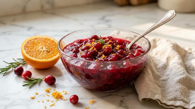 Cranberry recipes homemade cranberry sauce with orange zest in a glass bowl