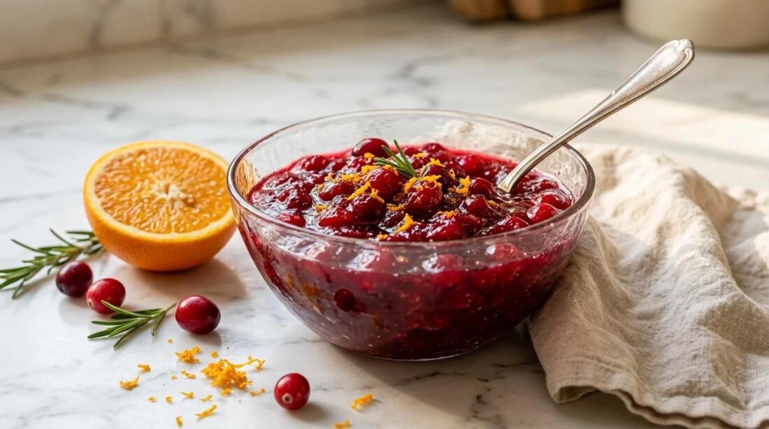 Cranberry recipes homemade cranberry sauce with orange zest in a glass bowl
