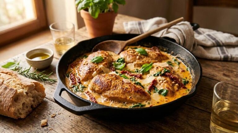 Creamy Tuscan chicken in a cast iron skillet with spinach and sun dried tomatoes