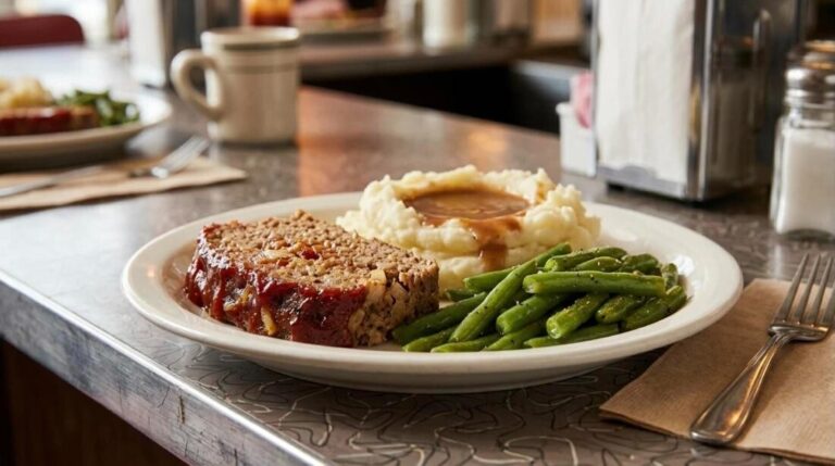 Diner classics meatloaf slice with ketchup glaze, mashed potatoes, gravy and green beans