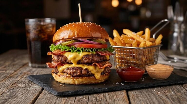 Double bacon cheeseburger with fries, a star among gourmet burgers