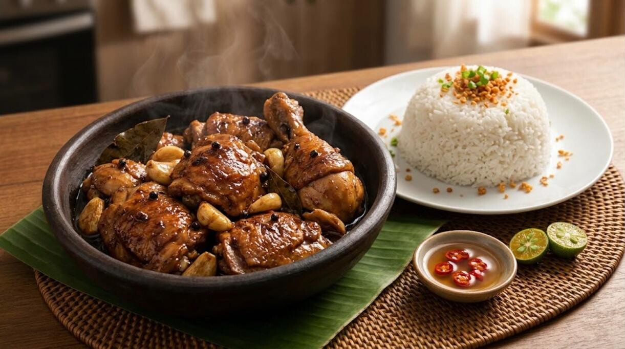 Filipino dinners: glossy chicken adobo with steamed rice