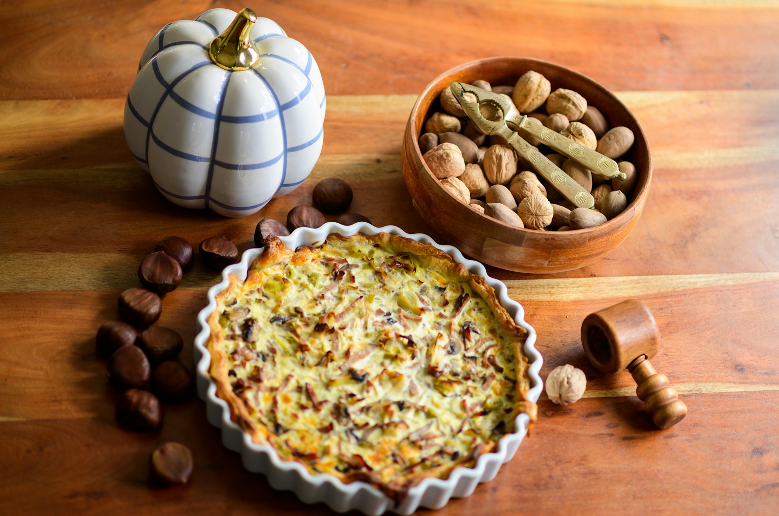 Golden quiche lorraine in a fluted dish