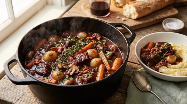 French beef bourguignon in a cast iron pot with mashed potatoes