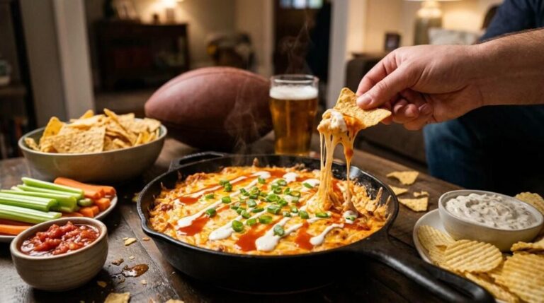 Game day dips: cheesy buffalo chicken dip in a skillet with chips, salsa, veggies and onion dip