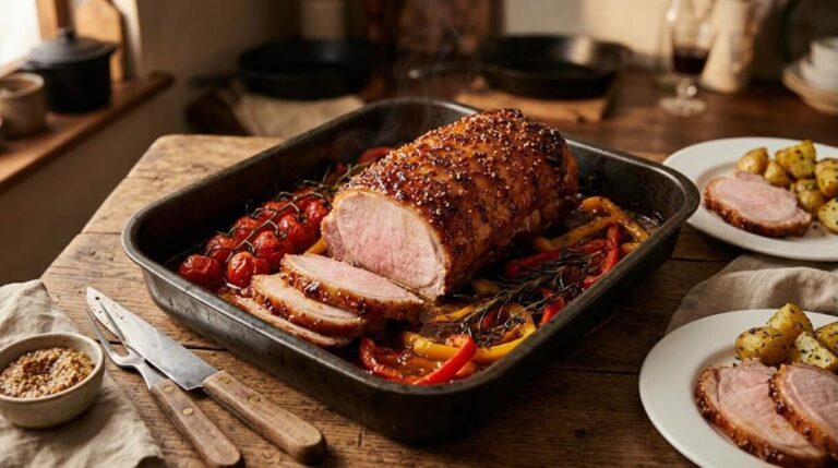Brown sugar glazed pork loin roast sliced in a roasting pan with tomatoes and peppers