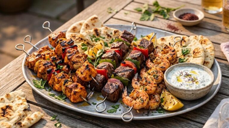 Kebab dinners: a platter of chicken, beef and shrimp skewers with flatbread