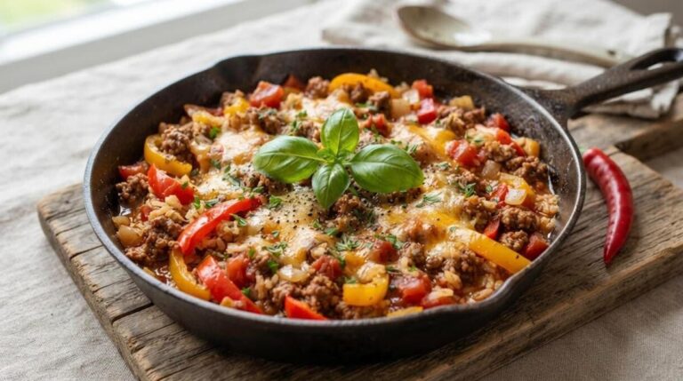Ground beef dinners: cheesy beef and rice skillet with bell peppers and fresh basil