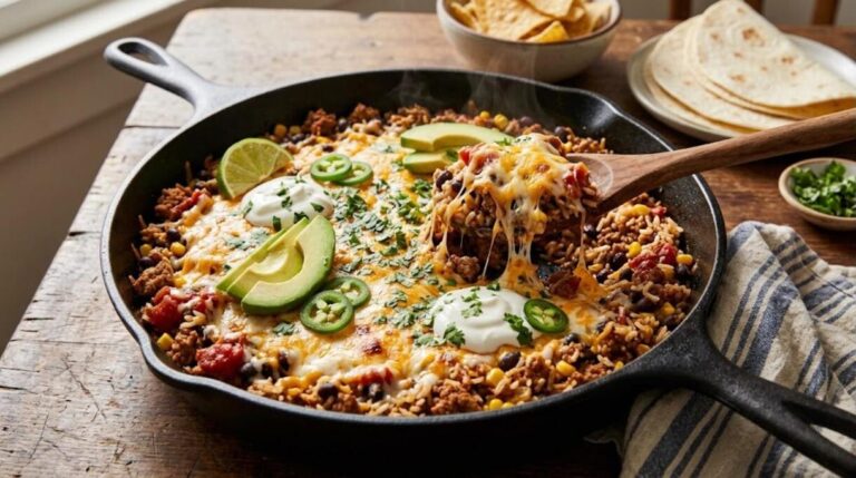 Ground turkey dinners: cheesy turkey taco skillet with rice, beans and avocado