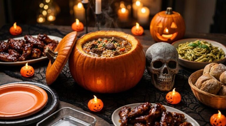 Halloween dinner ideas roasted pumpkin filled with beef stew on a spooky table