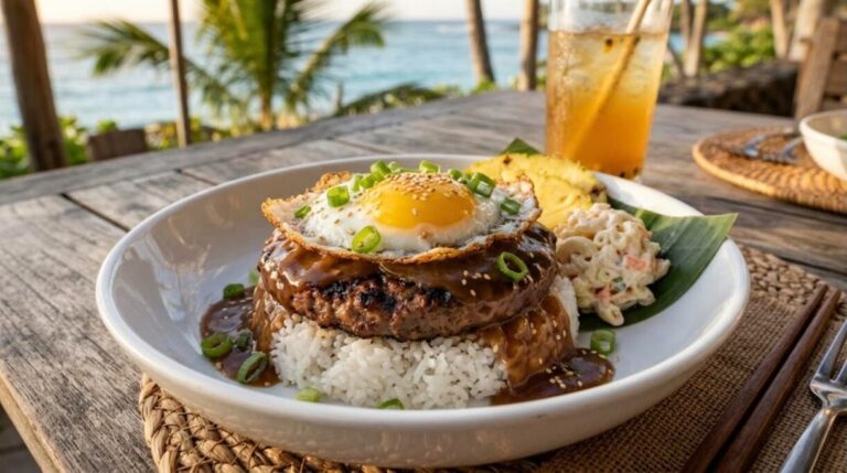 Hawaiian loco moco with rice, burger patty, gravy and a fried egg