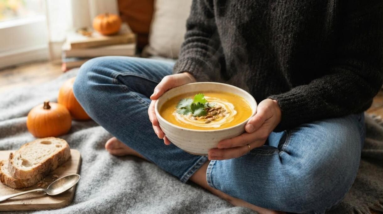 Hearty fall soups: creamy pumpkin soup in a white bowl held in a cozy lap with small pumpkins and bread