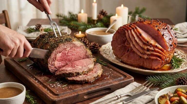 Holiday roasts herb crusted prime rib being carved next to a clove studded glazed ham