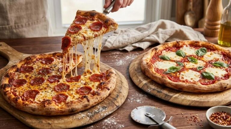 Homemade pizza night with a pepperoni pizza cheese pull and a margherita on wooden boards
