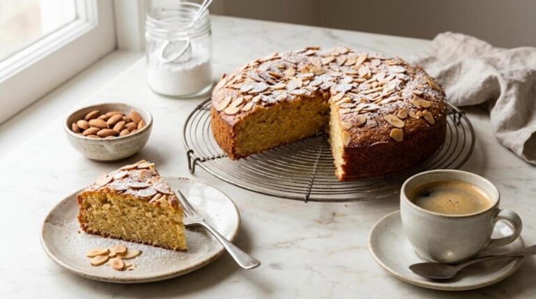 Almond desserts: an Italian almond cake topped with sliced almonds next to coffee