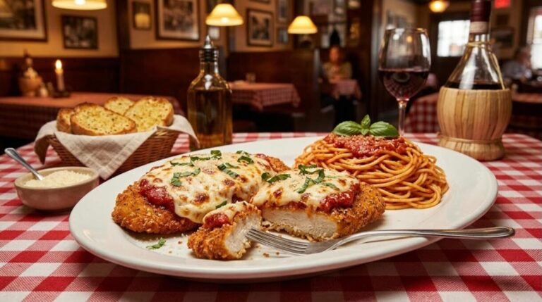 Italian American dinners: chicken parmesan with melted mozzarella and spaghetti