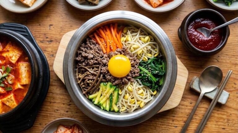 Korean dinners bibimbap bowl with beef, egg yolk and vegetables
