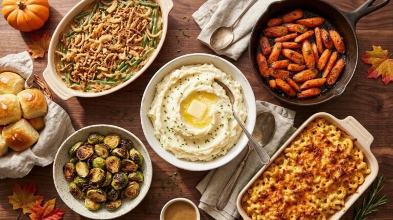 Make ahead Thanksgiving sides spread with green bean casserole, mashed potatoes, glazed carrots, mac and cheese and rolls