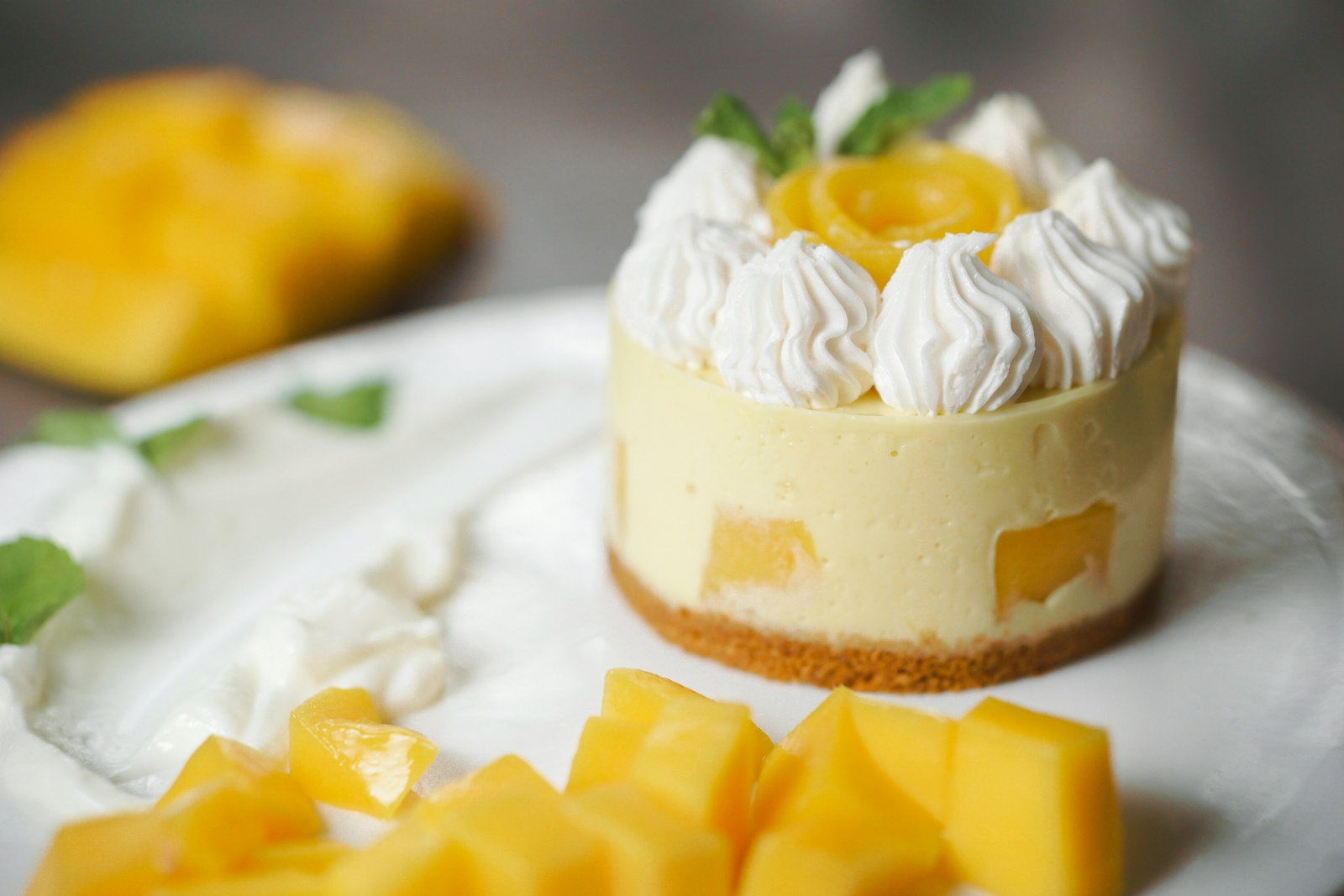 Tropical mousse cake topped with whipped cream