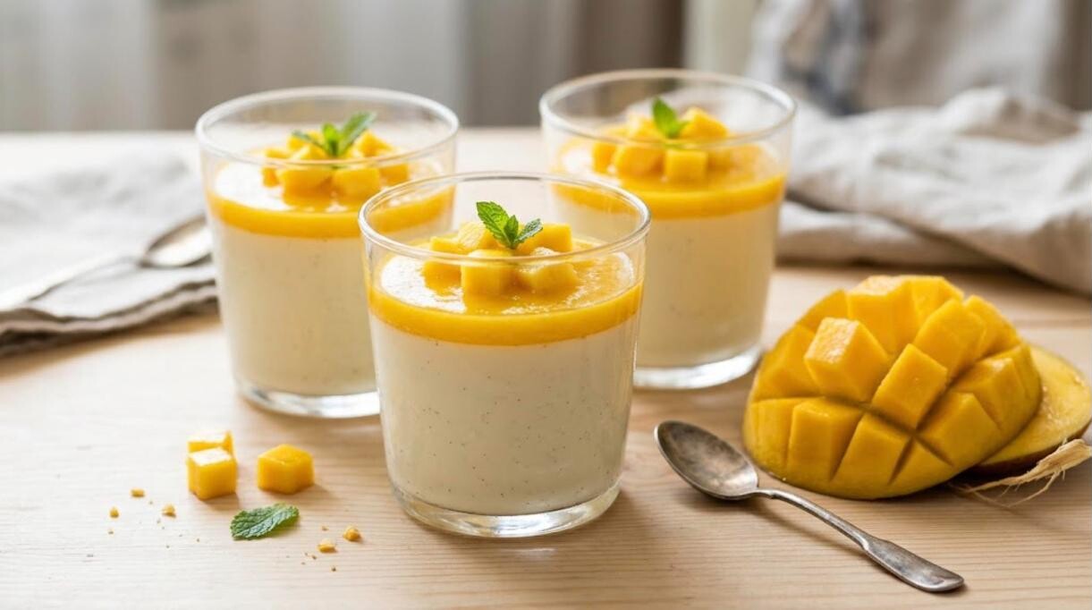 Mango desserts: glasses of panna cotta topped with mango puree and fresh mango