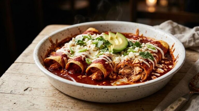 Mexican dinner recipes red chicken enchiladas with avocado and crema