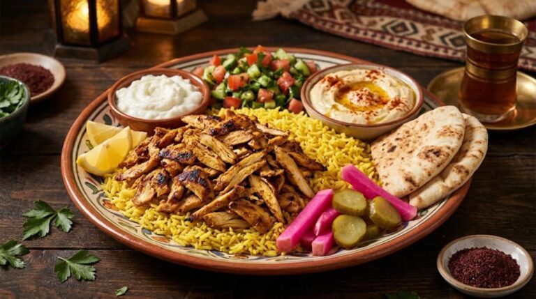 Middle Eastern dinners: chicken shawarma plate with rice, pita and garlic sauce