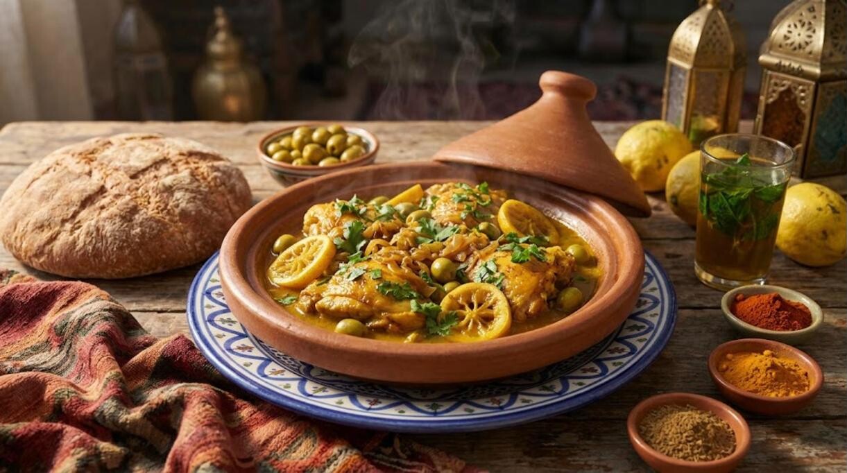 Chicken tagine with olives and preserved lemon, a classic among Moroccan dinners