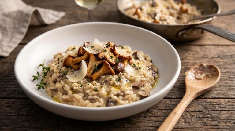 Risotto dinners: creamy mushroom risotto topped with wild mushrooms and parmesan
