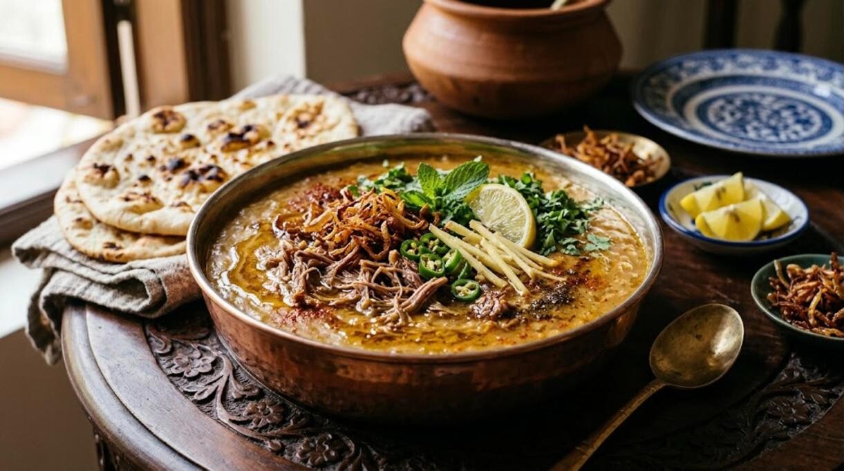 Bowl of haleem with fried onions, lemon and ginger, a classic of Pakistani dinners