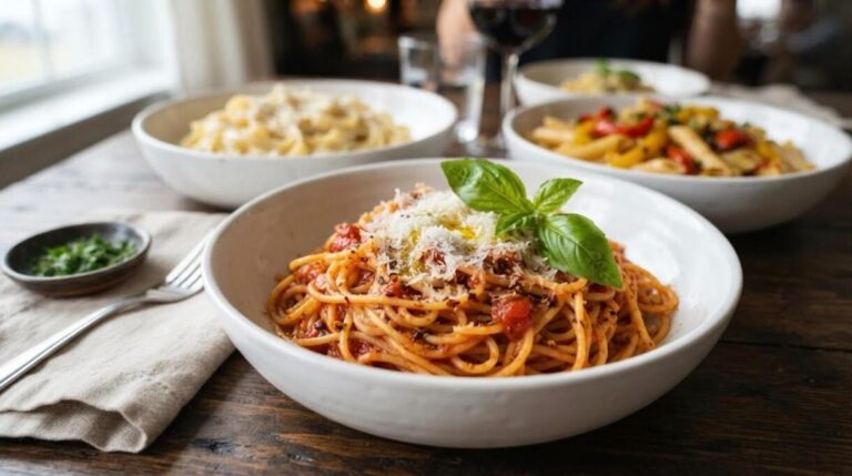 Pasta night recipes: spicy tomato spaghetti with parmesan and basil next to bowls of fettuccine and penne