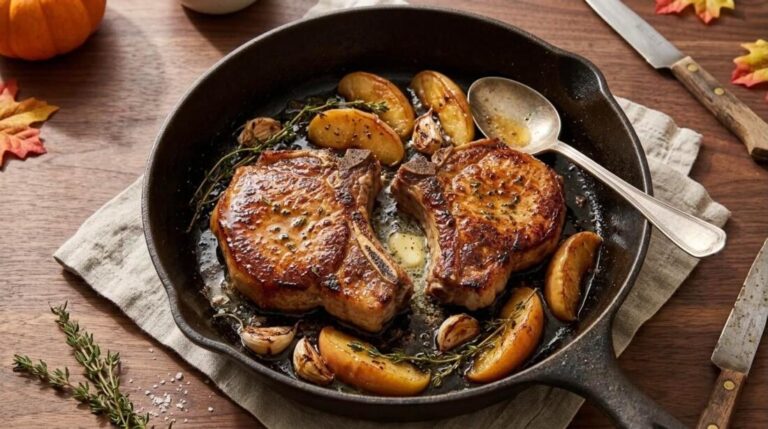 Pork chop dinners two seared bone in chops with apples and garlic in a cast iron skillet