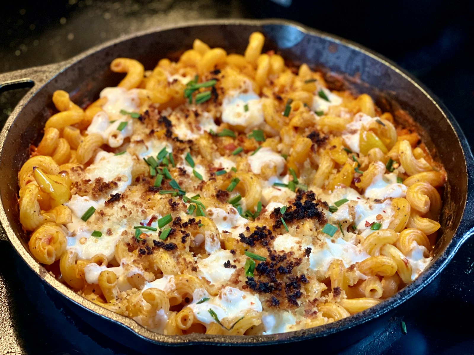 Butternut squash mac and cheese in a skillet