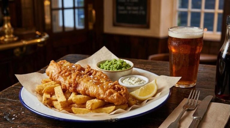 Pub fish and chips with mushy peas, tartare sauce and a pint of ale