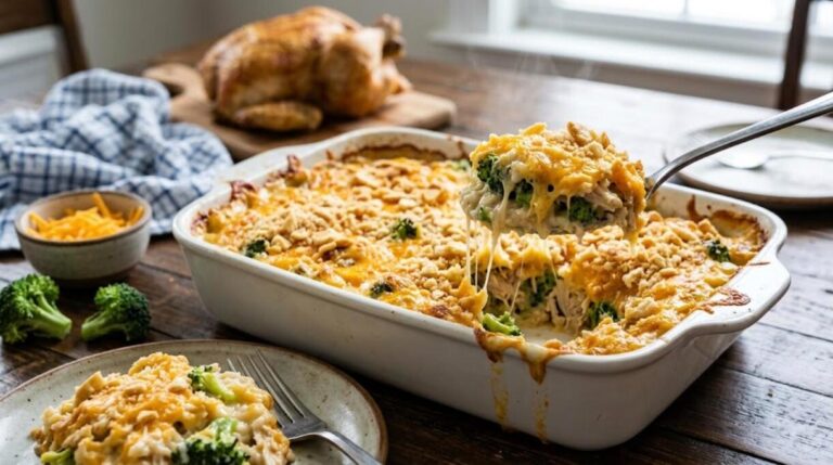 Rotisserie chicken dinners: cheesy chicken, broccoli and rice bake
