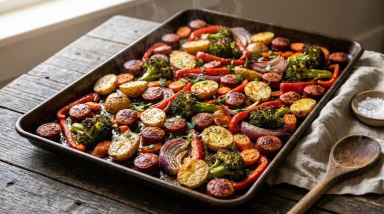 Sausage dinners: sheet pan smoked sausage with potatoes, broccoli and peppers