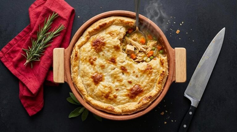 Savory pie recipes chicken pot pie with flaky crust in a clay dish