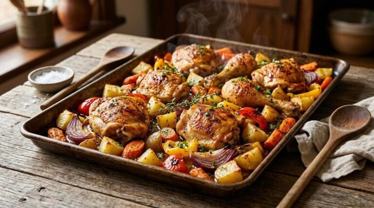 Roasted chicken and vegetables on a rustic sheet pan, one of the easiest sheet pan dinners