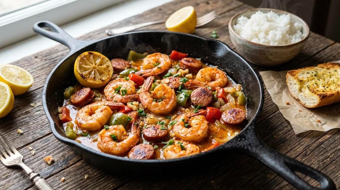 Shrimp dinners: Cajun shrimp and sausage skillet with peppers, rice and garlic bread